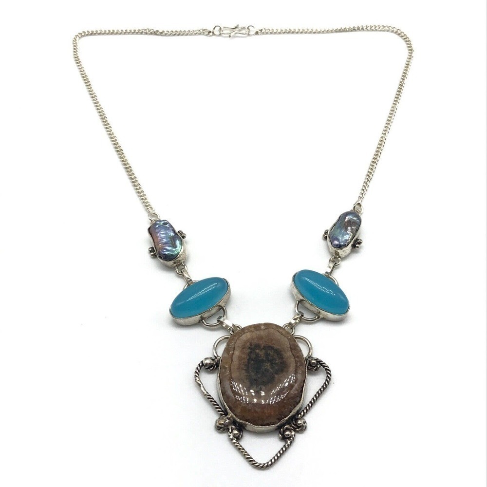 925 Sterling Silver Multi-Gemstone Quartz Abalone Blue Stone Statement Necklace
